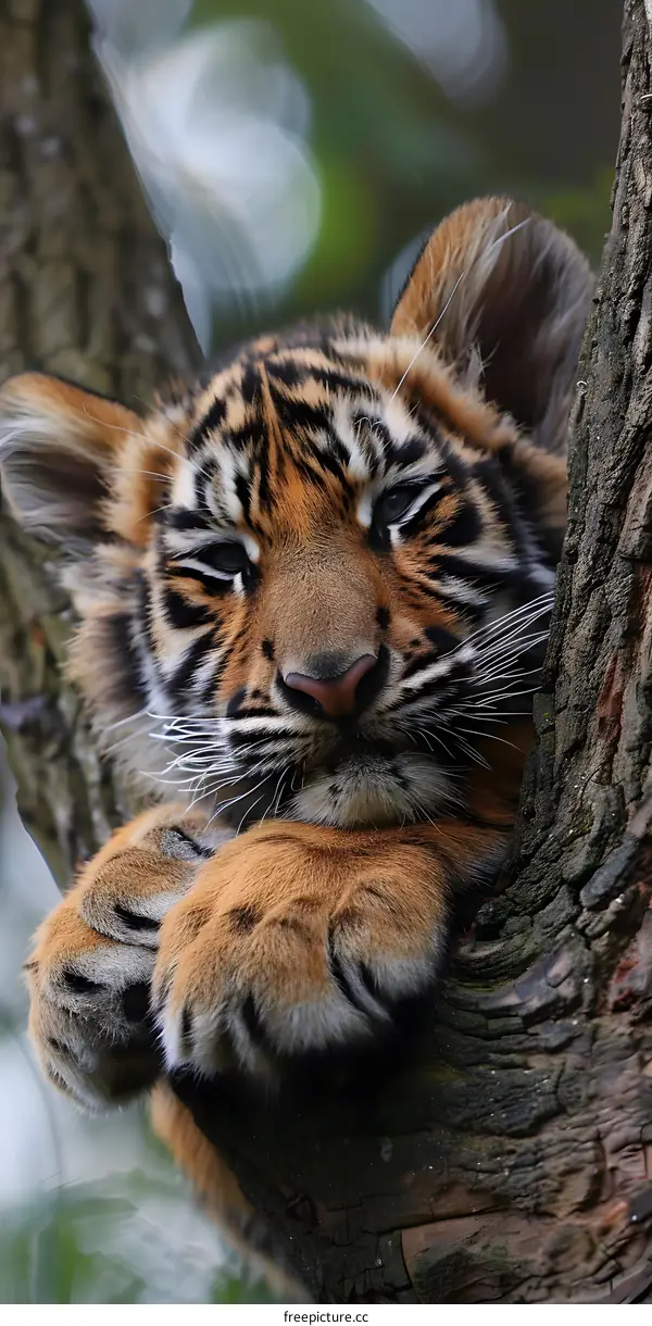 Close Up of a Tiger Cub Resting on a Tree Branch