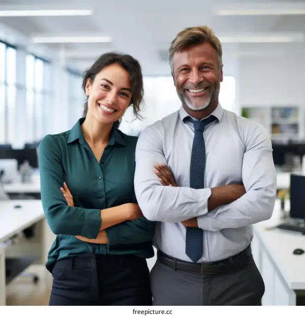Portrait of two business professionals smiling in an office