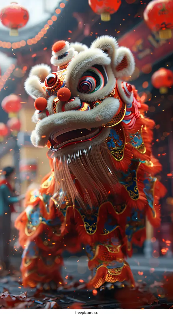 A red and gold lion dance performer at a Chinese New Year celebration