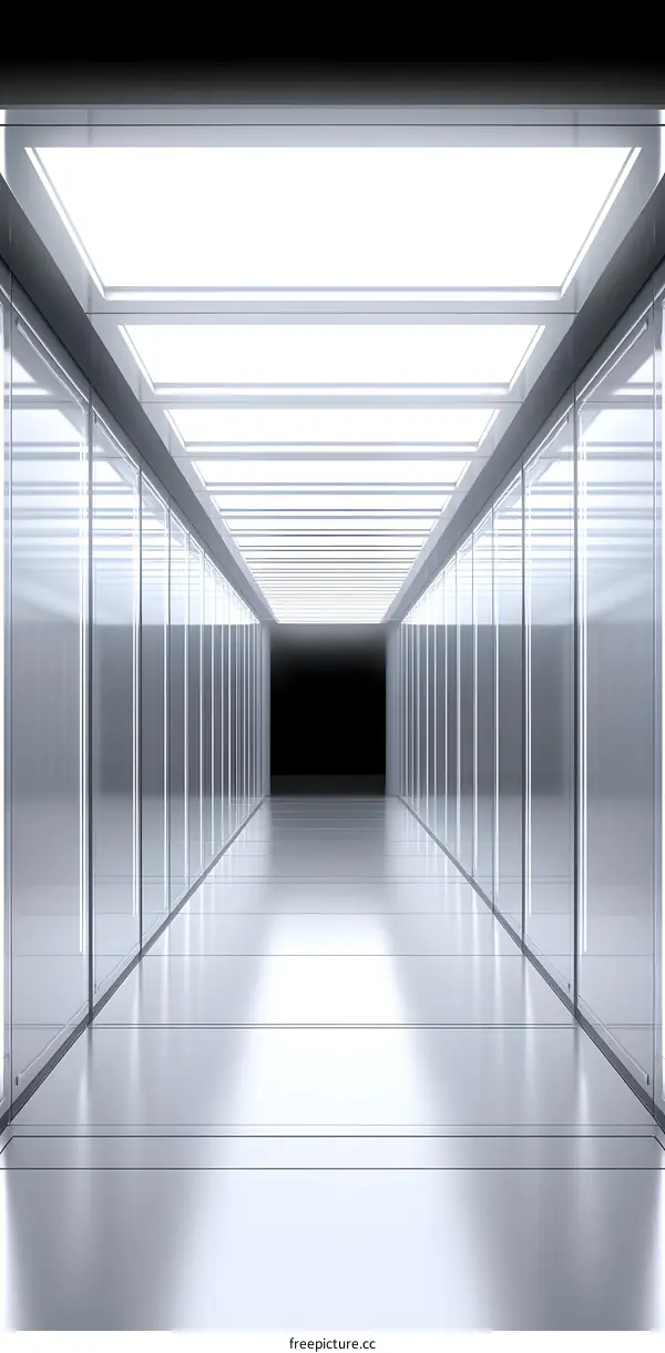 Abstract White Corridor With Bright Lights And Metallic Walls