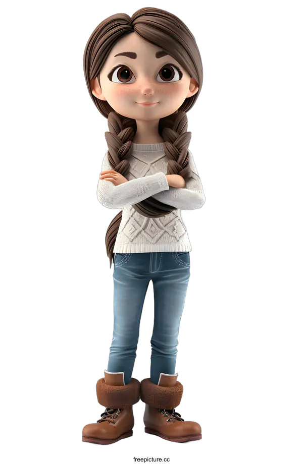 [Transparent Background PNG]Cute Cartoon Girl with Brown Hair and a White Sweater