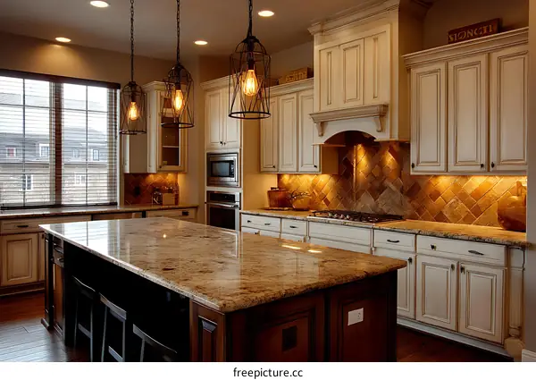 Modern Farmhouse Kitchen with Granite Island