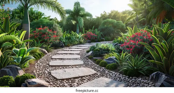 Stone Path Through Lush Tropical Garden