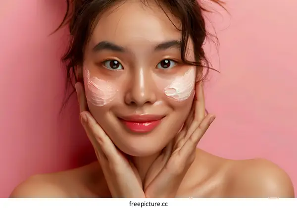 Smiling Woman Applying Facial Cream on Pink Background
