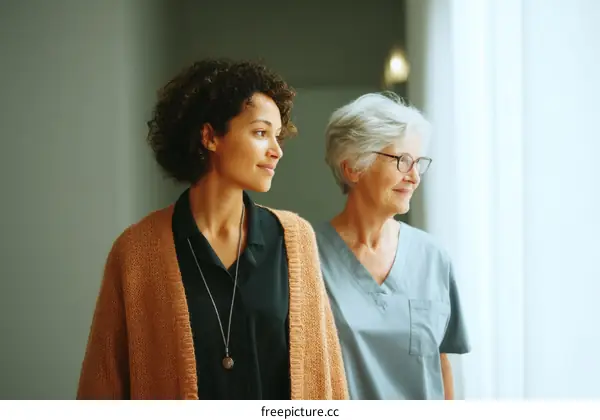 Two Women in Medical Setting  Looking Out Window