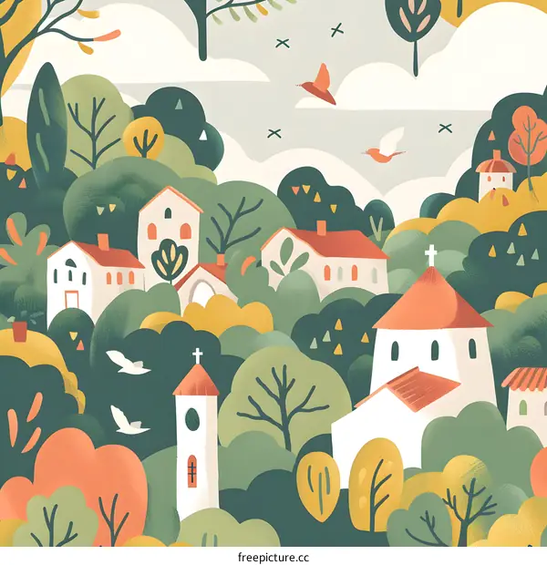 Peaceful Village with Green Trees and Birds