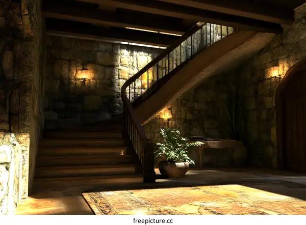 Stone Wall Staircase in a Medieval Castle Interior