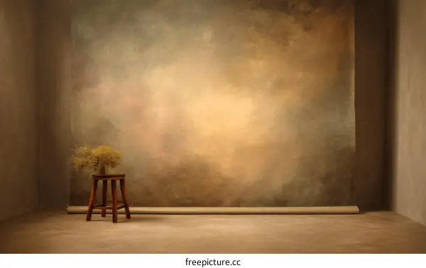 Empty Studio with Warm-toned Backdrop and Wooden Stool