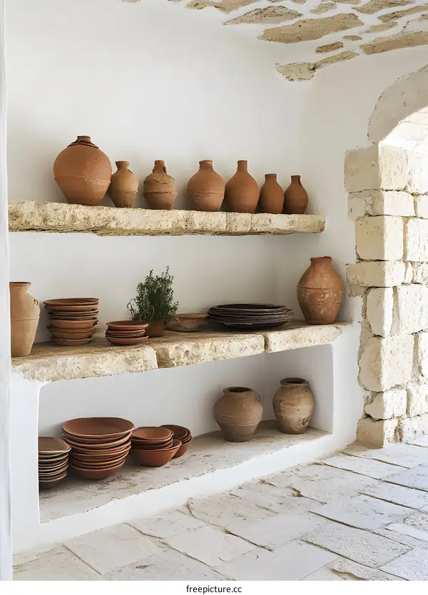 Terracotta Pots and Bowls on Stone Shelves