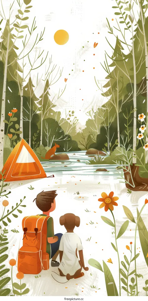 boy and dog camping in the forest