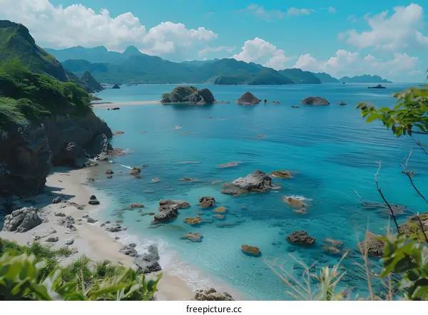 Rocky beach with blue ocean and green mountains