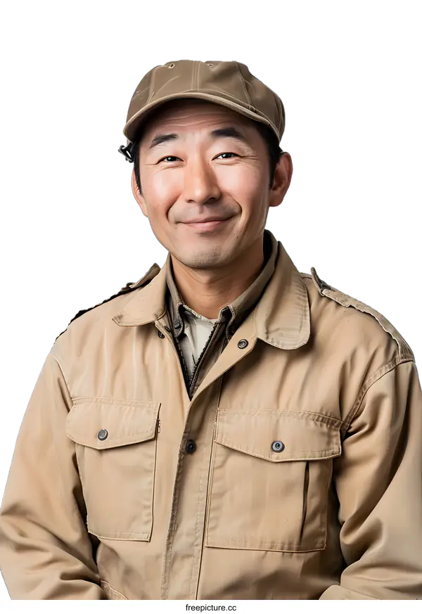 [Transparent Background PNG]Smiling man in work clothes wearing a hat