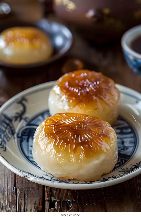 Closeup of Chinese Sweet Rice Cakes with Brown Sugar Glaze