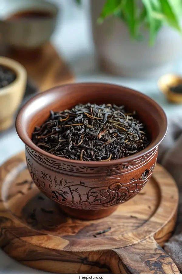 Black Tea Leaves in a Ceramic Bowl