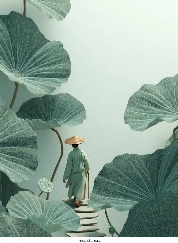 Peaceful Journey Amidst Lush Lotus Leaves