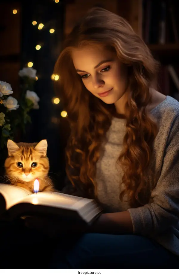 Redhead woman reading a book with a cat