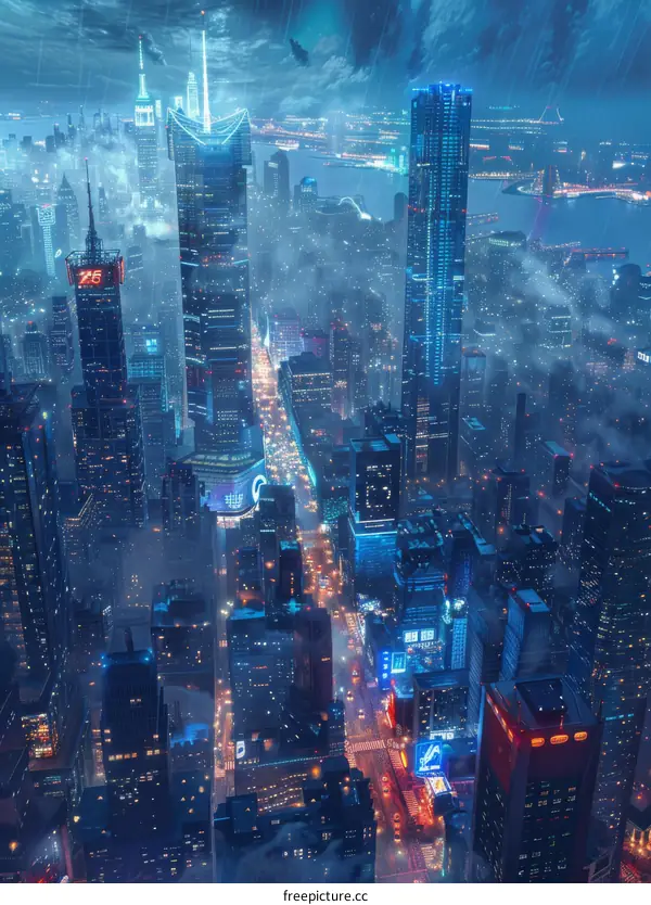 Futuristic Night City Skyline Aerial View