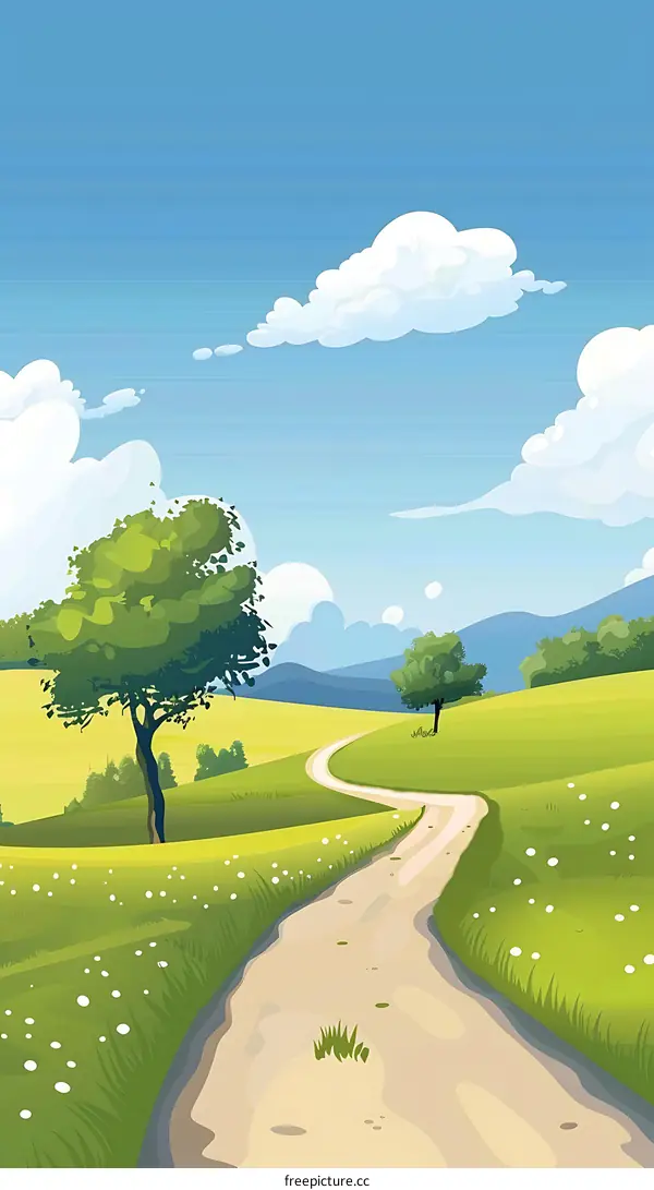 Winding Country Road With Green Field And Blue Sky