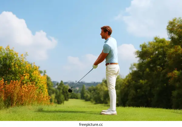 Golf Player Swinging on a Sunny Golf Course