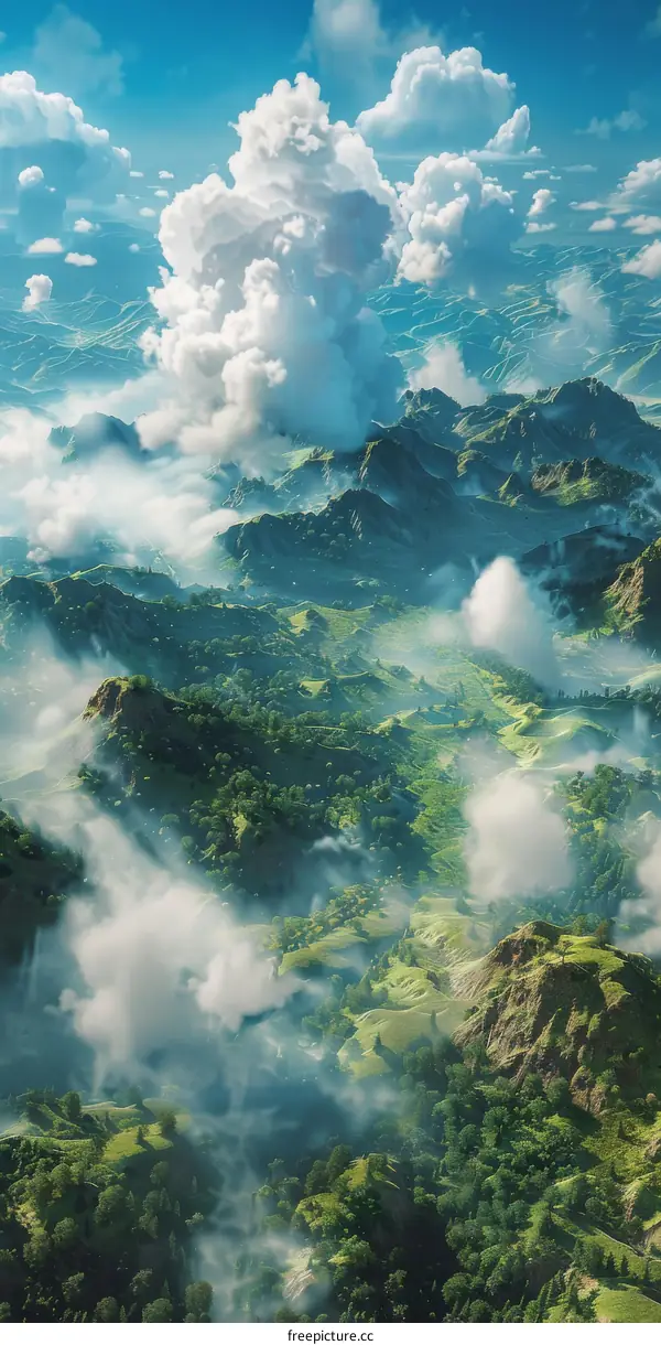 Aerial View of Green Mountains and Clouds