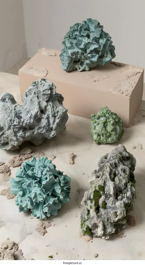 Abstract Blue and Green Coral Sculpture on Tan Platform