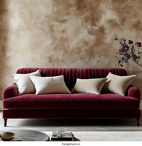 Elegant Burgundy Velvet Sofa in a Rustic Living Room