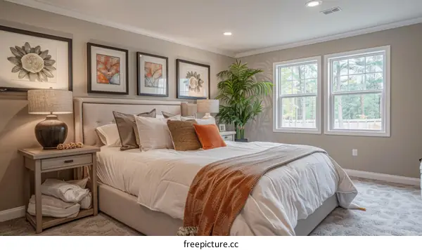 A bedroom with a bed, a nightstand, a lamp, and a plant