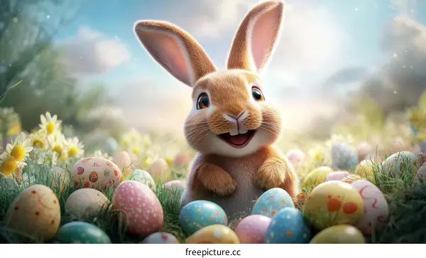 Adorable Easter Bunny Among Colorful Eggs