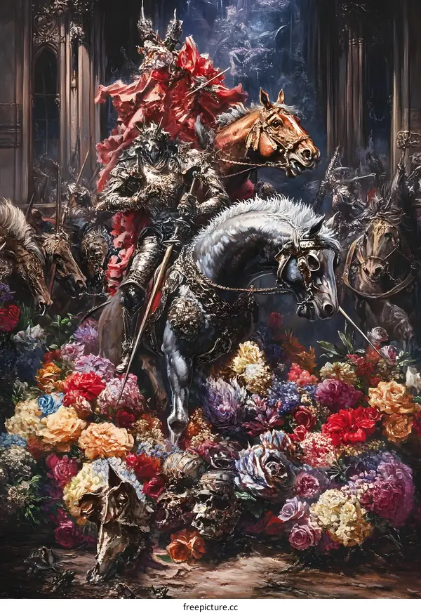Knight on Horseback with Skull and Flowers Illustration