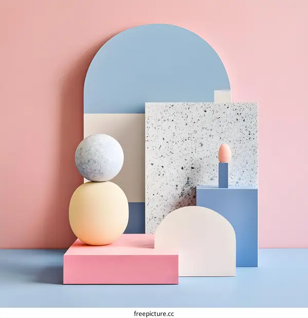 Abstract Pastel Geometric Shapes with Eggs in a Blue and Pink Setting