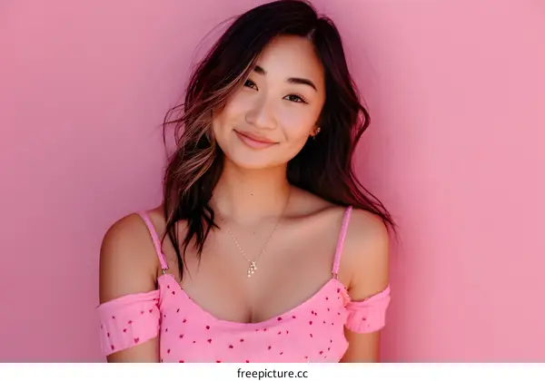 Smiling Asian Woman In Pink Top Against Pink Wall