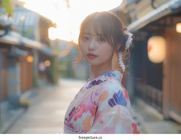 Asian Woman in Traditional Japanese Summer Kimono