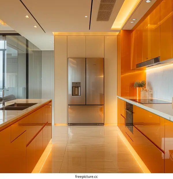 Modern Orange Kitchen with Stainless Steel Appliances