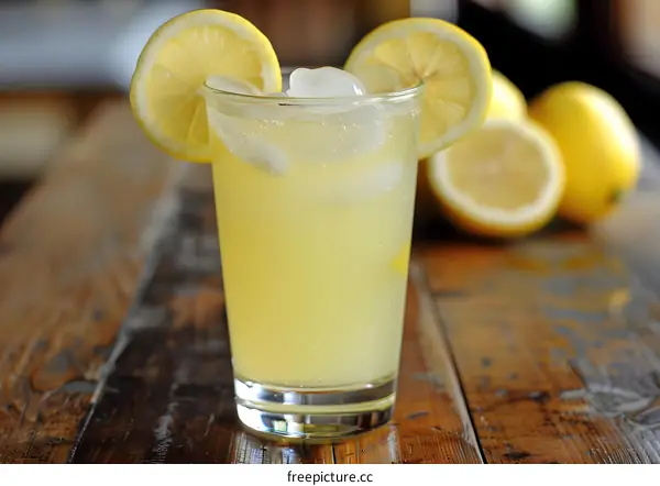 Refreshing Lemon Drink with Ice in Glass on Wooden Table