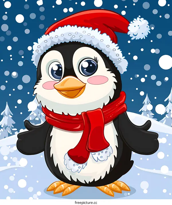 Cute Penguin Wearing Santa Hat and Scarf in Snowy Winter