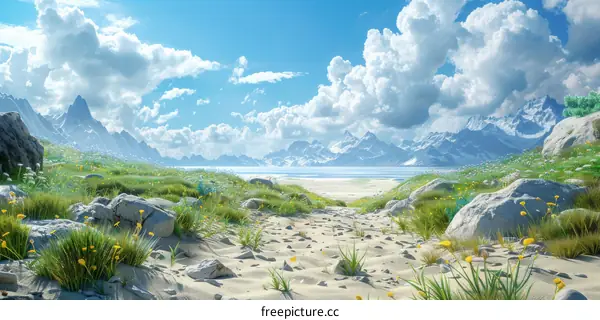 Snowy Mountain View from Rocky Beach