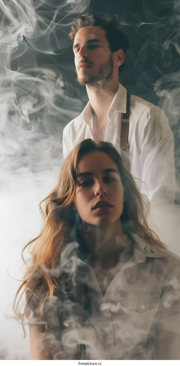 Couple Posing in Smoke with White Shirts