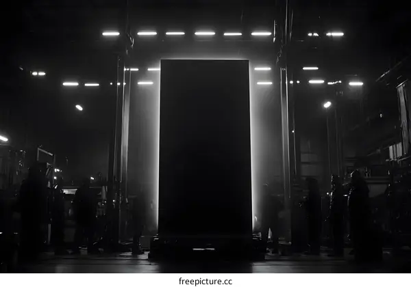 Black Monolith in a Large Industrial Warehouse with Workers Watching