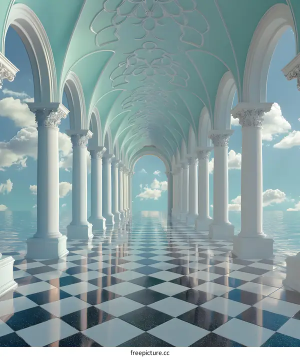 Surreal hallway with blue sky and checkered floor