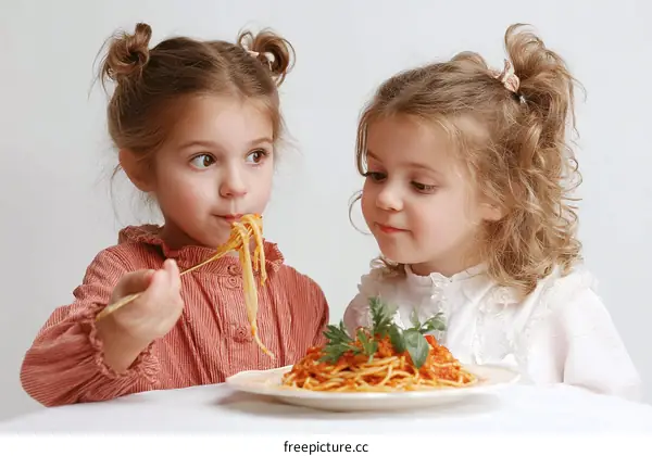 Two Caucasian Children Eating Spaghetti