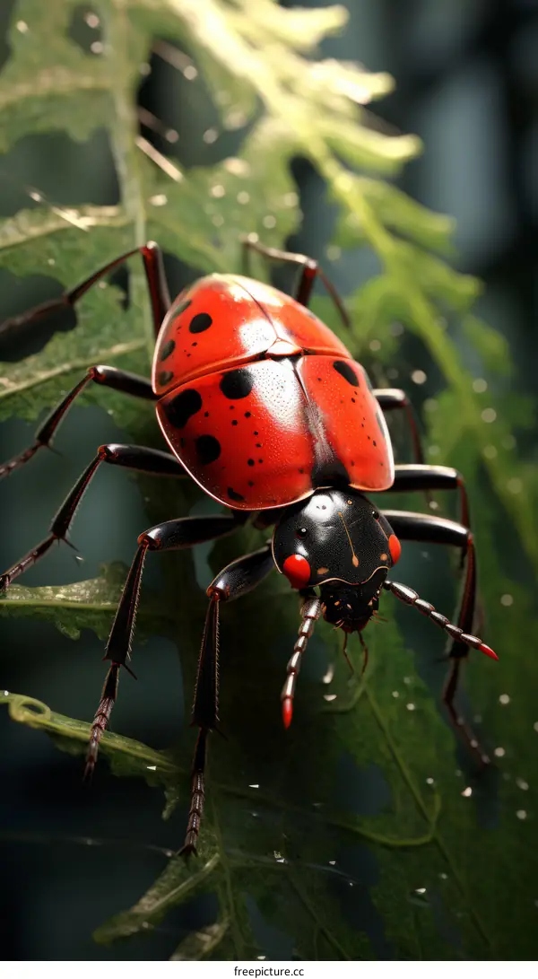 A red ladybug with black spots on a green leaf