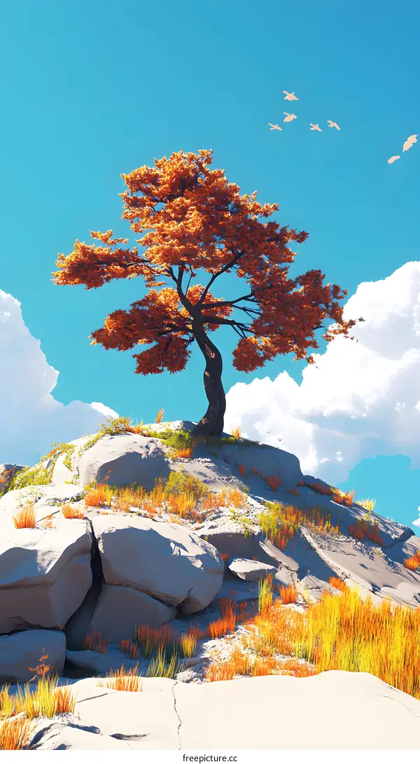 Orange Tree on a Cliff with Clouds and Birds