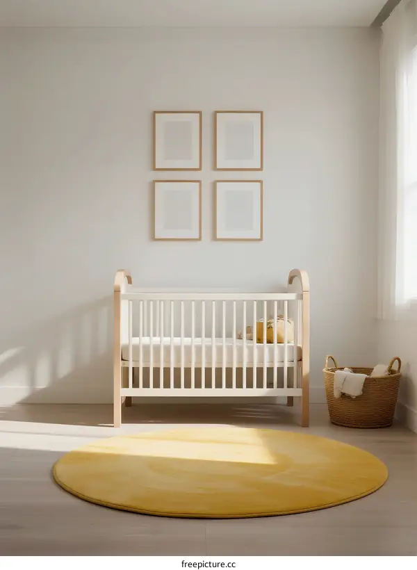 Bright Yellow Rug in Modern Minimalist Baby Room with Crib