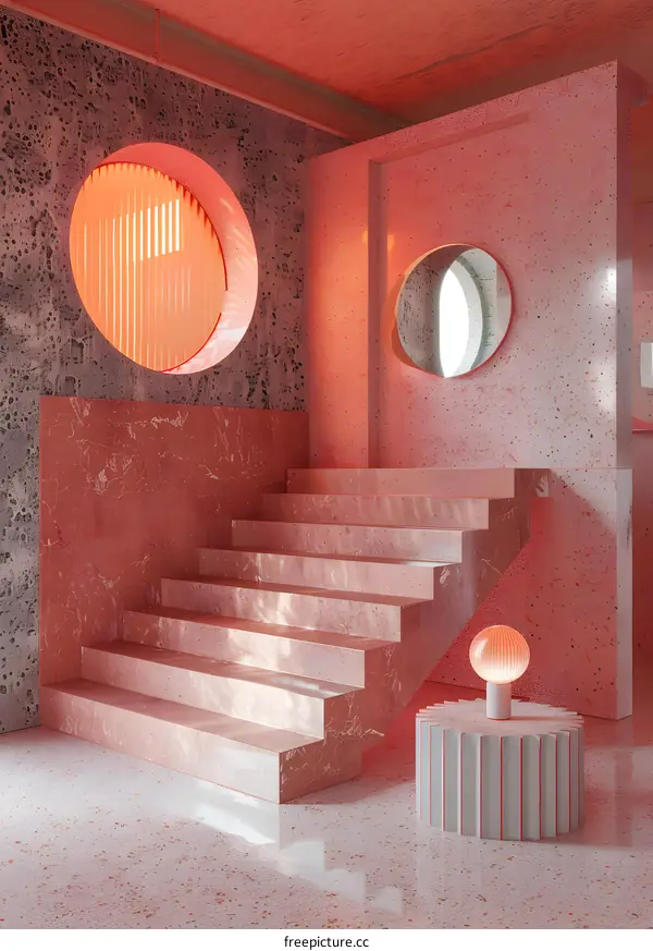 Pink Terrazzo Stairs and Round Window Interior Design