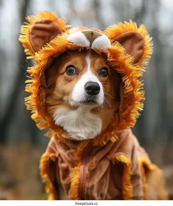 A cute dog wearing a lion costume
