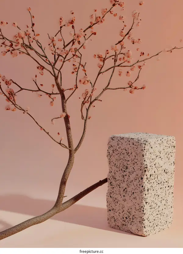 Minimalist Peach Blossom Tree Branch and Block on Pink Background