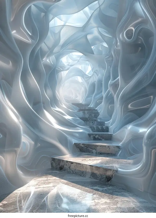 Glowing Blue Organic Structure Walls with Futuristic Staircase
