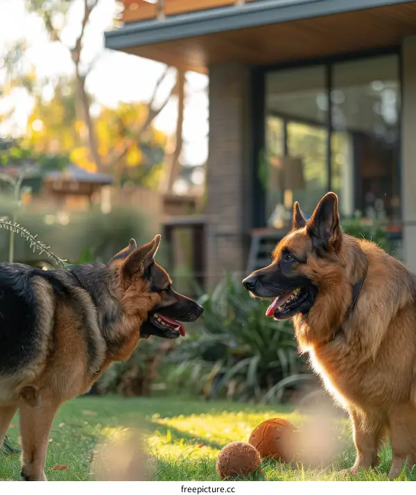 Two German Shepherds Playing in the Backyard
