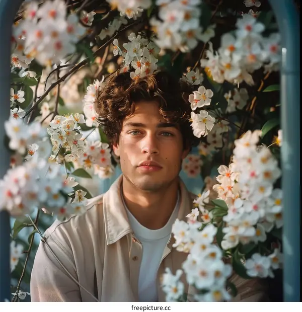 A young man with curly hair is standing in a garden of white flowers.