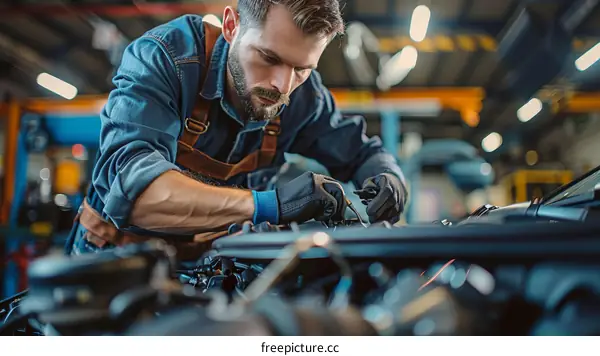Bearded mechanic working on a car engine